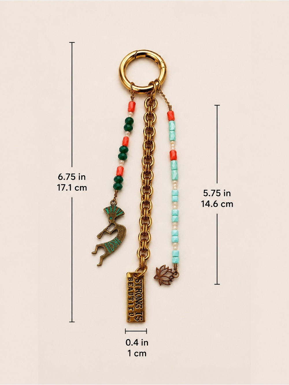 “STRONG IS BEAUTIFUL” Bag Charm/Keychain with Vintage Beads and Unique Pendants